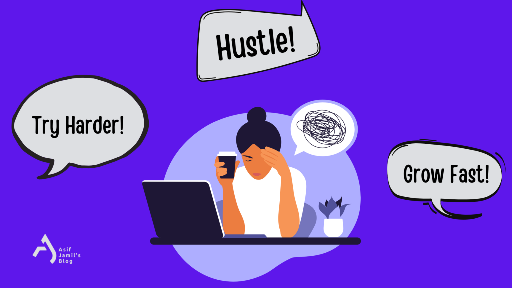 The illustration depicts why hustle culture is toxic and pressurizes us into hustling, usually by our peers
